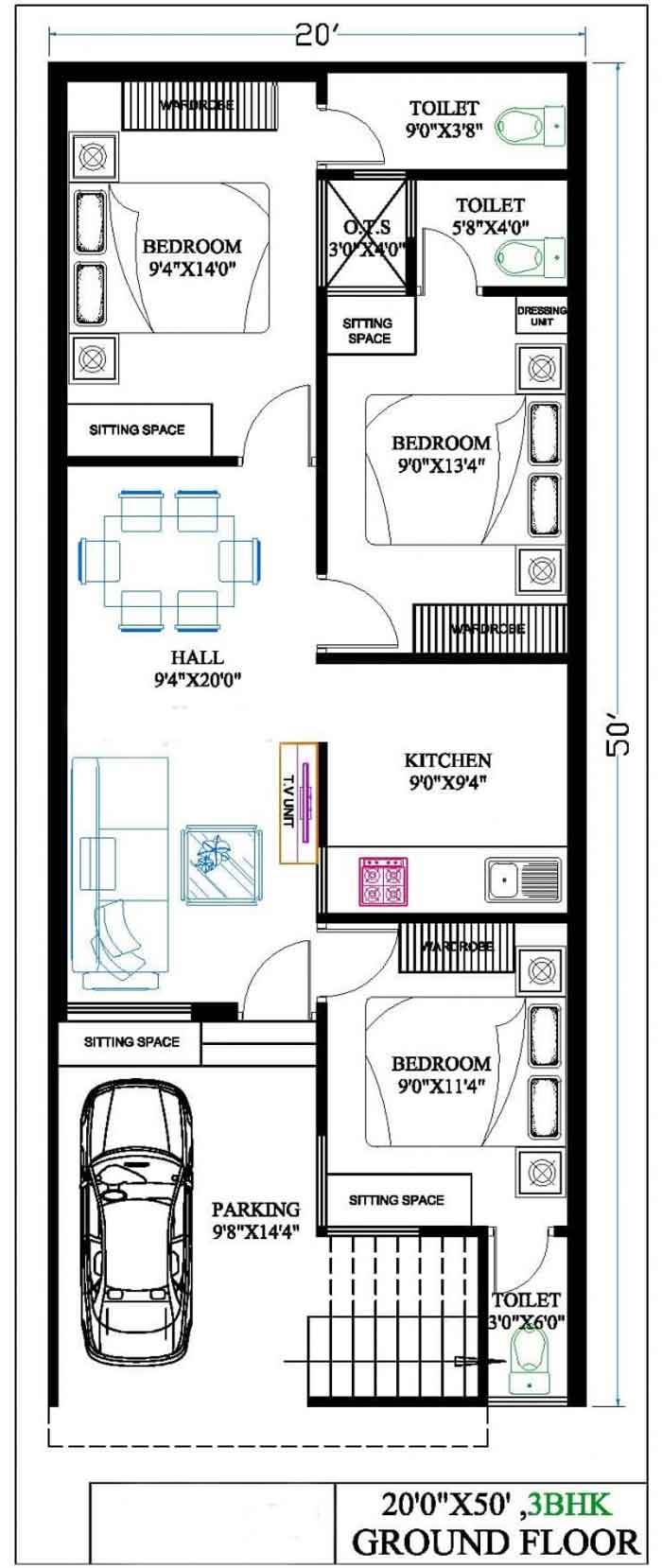 20 by 50 3bhk 1000 square feet house plan design