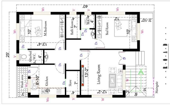 25 by 40 2bhk house plan in 1000 square feet