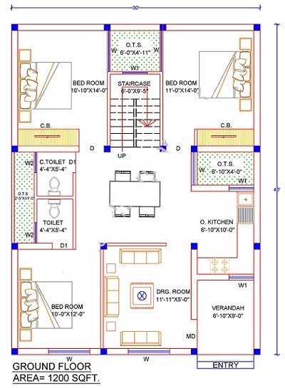 30 40 North Facing House Plan 3bhk