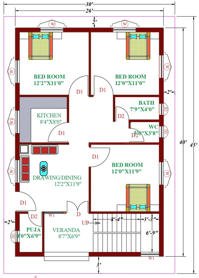 vastu friendly 30 by 45 house plan design