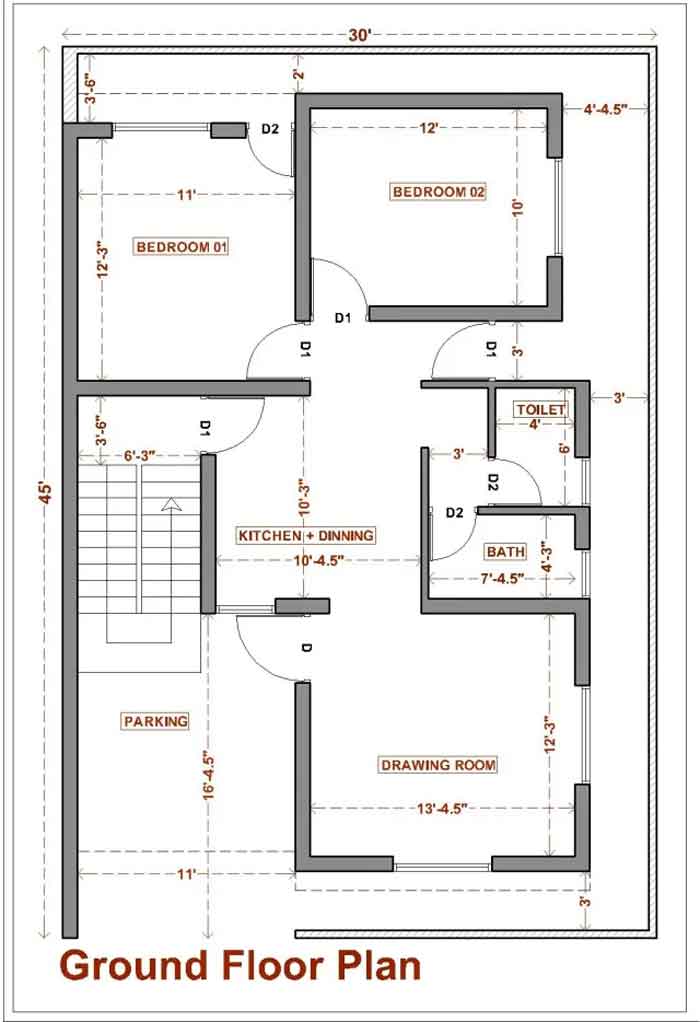 30 by 45 west face 2bhk house plan