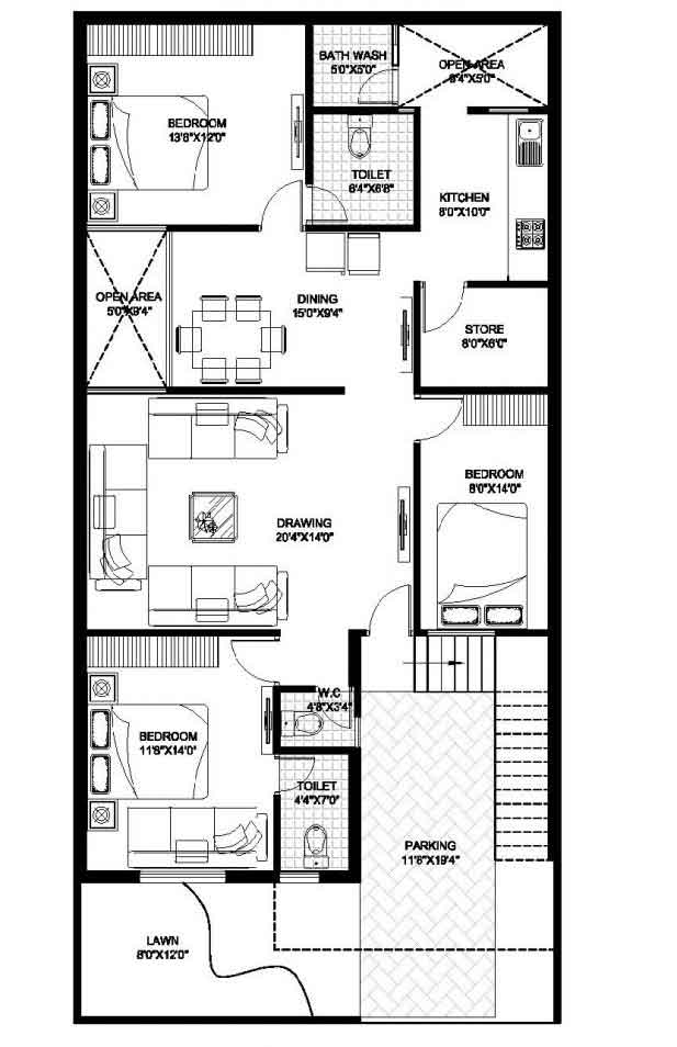 30 by 60 House Plan with Lawn Parking