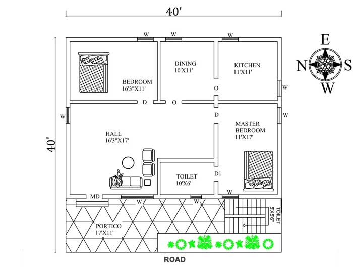 40 by 40 feet house plan for a plot facing west