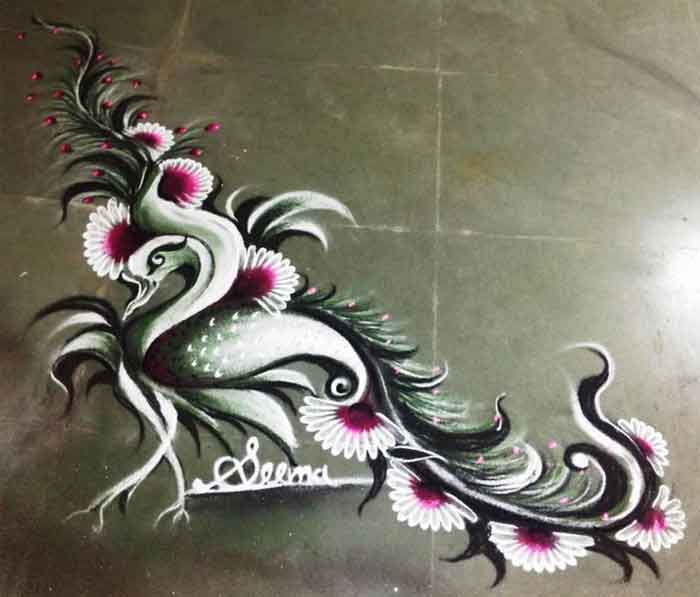 black white peacock rangoli design