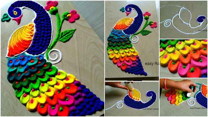 easy peacock rangoli making