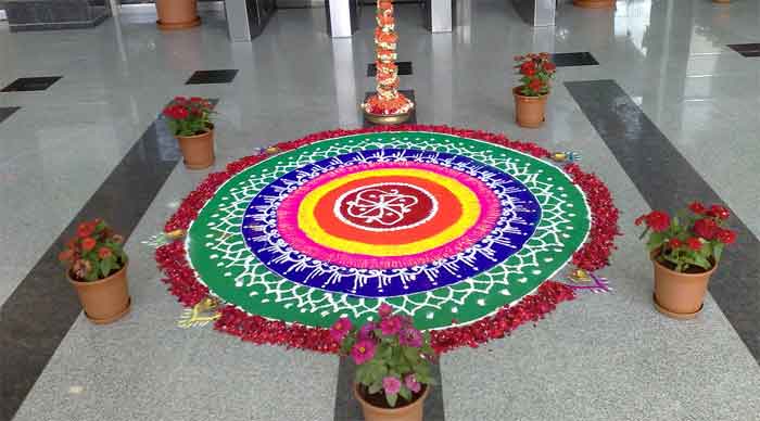 office diwali decoration with rangoli