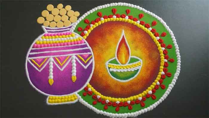 simple kalash and diya rangoli