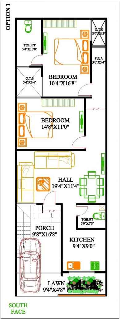 South facing 20 by 60 house plan