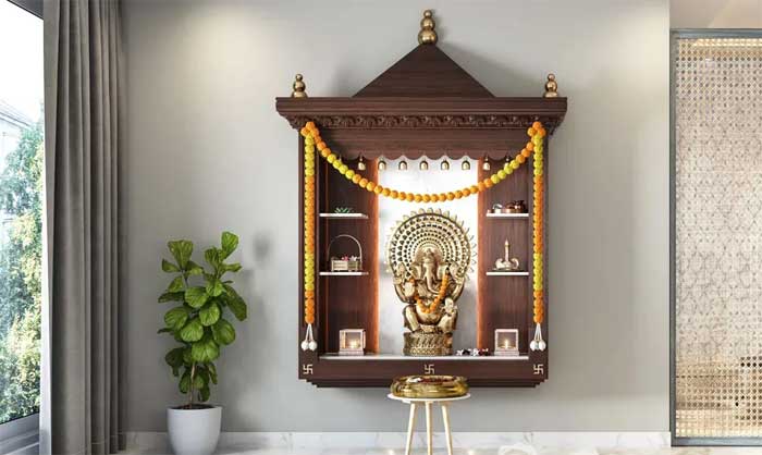 Wall mounted wooden mandir design