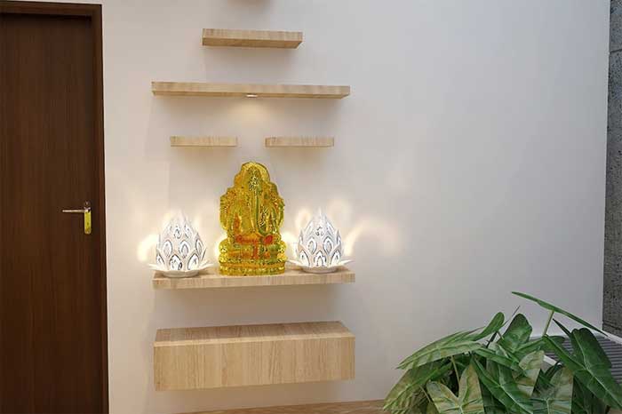 Wall mounted wooden shelf mandir design