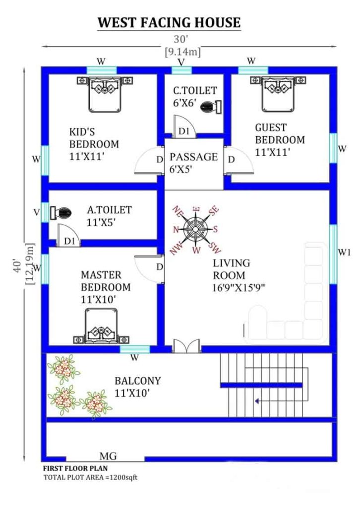 West facing 30-40 house plan 