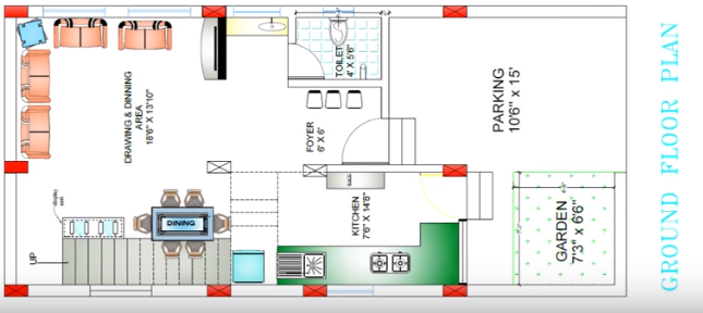 800 sq ft Three Story House Plan - Ground Floor